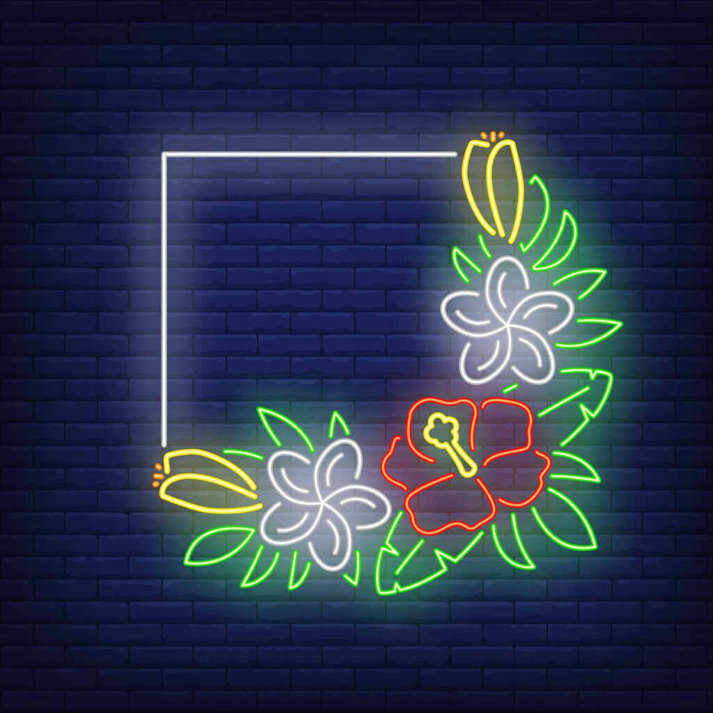 Futuristic home decor: Square frame with hibiscuses neon sign. Bunch of tropical flowers with green leaves. Glowing banner or billboard templates. Vector illustration in neon style for advertising, posters
