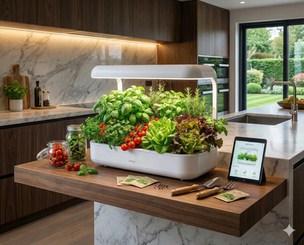 Hydroponics Kit lying on kitchen countertop with fresh, ready to pick produce.