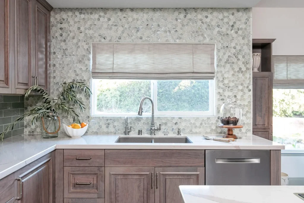 calming kitchen design with soothing color palette unique tile backsplash